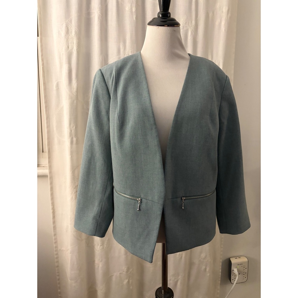 Express Stretch+ Open Front Collarless Blazer Blue Green Zipper Detail Size 14